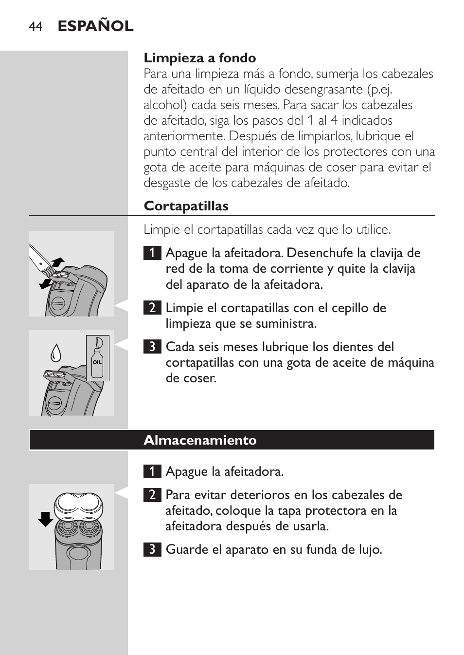 Limpieza a fondo, Cortapatillas, Almacenamiento | Philips Afeitadora 2 cab. User Manual | Page 42 / 104