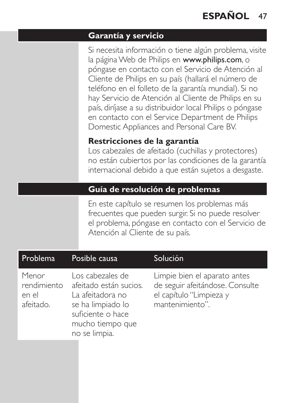 Restricciones de la garantía, Garantía y servicio, Guía de resolución de problemas | Philips Afeitadora 2 cab. User Manual | Page 45 / 104