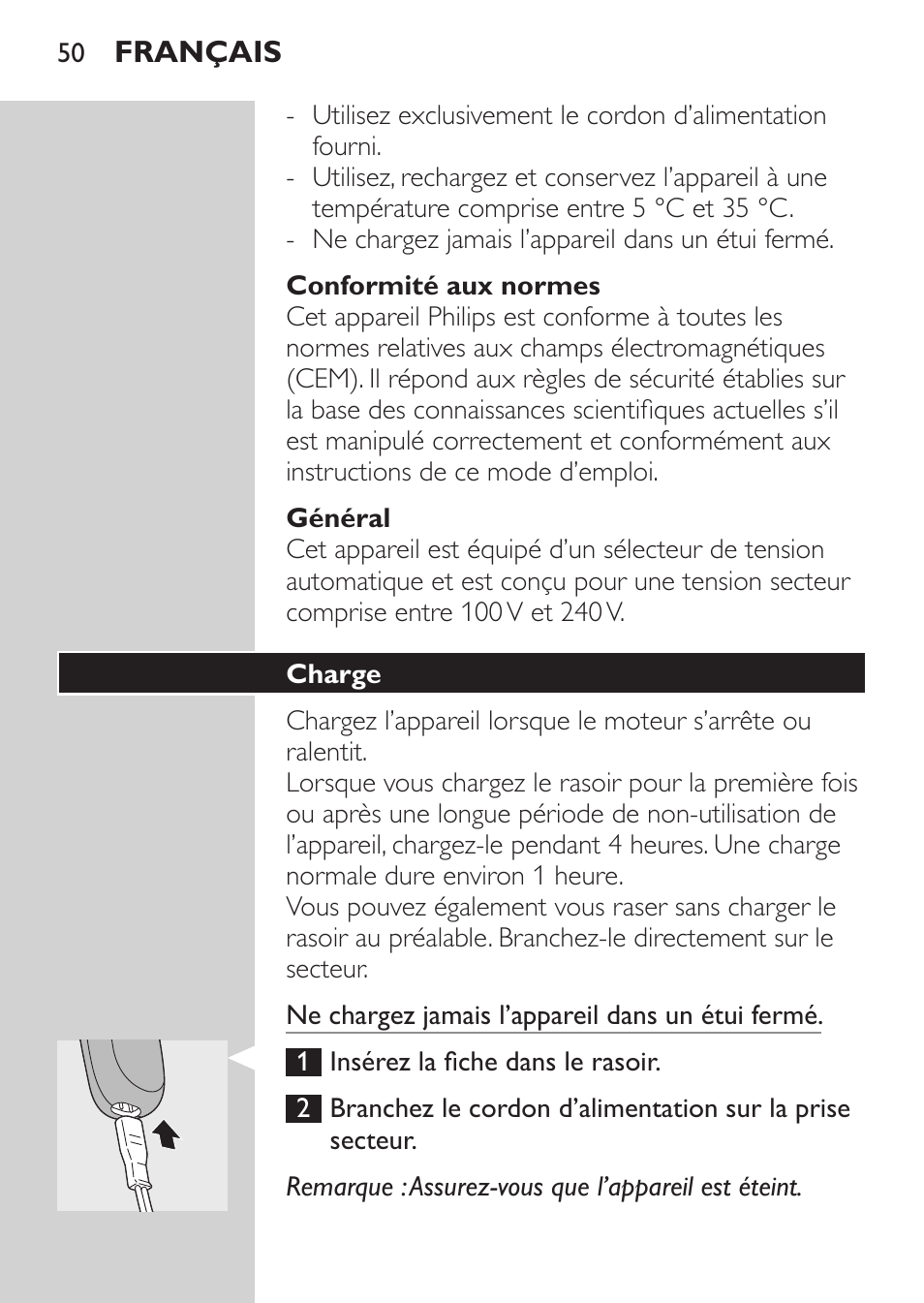 Conformité aux normes, Général, Charge | Philips Afeitadora 2 cab. User Manual | Page 48 / 104