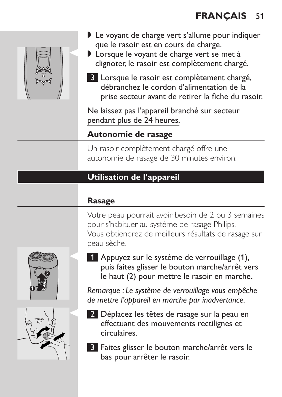 Autonomie de rasage, Utilisation de l’appareil, Rasage | Français | Philips Afeitadora 2 cab. User Manual | Page 49 / 104