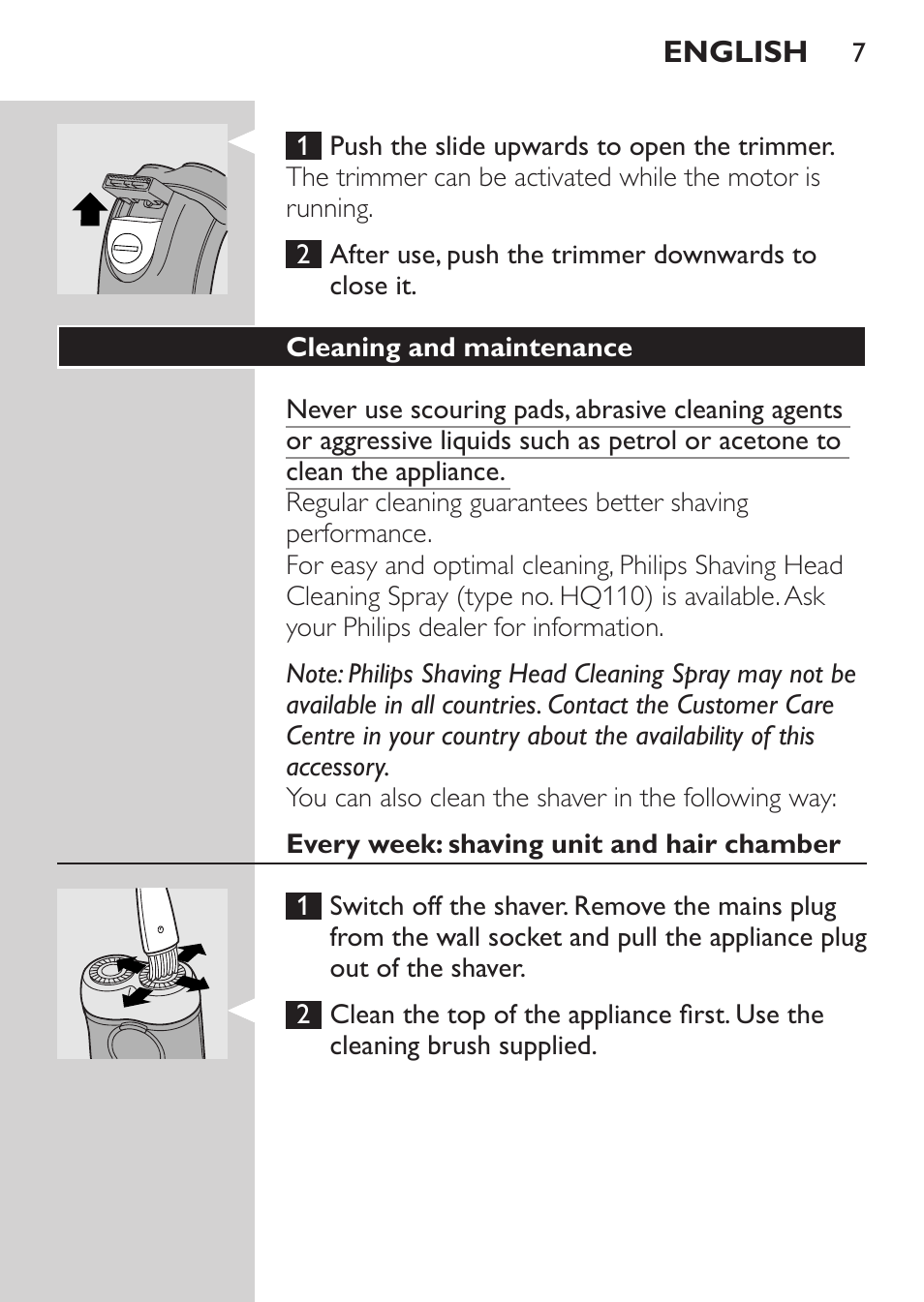 Cleaning and maintenance, Every week: shaving unit and hair chamber | Philips Afeitadora 2 cab. User Manual | Page 5 / 104