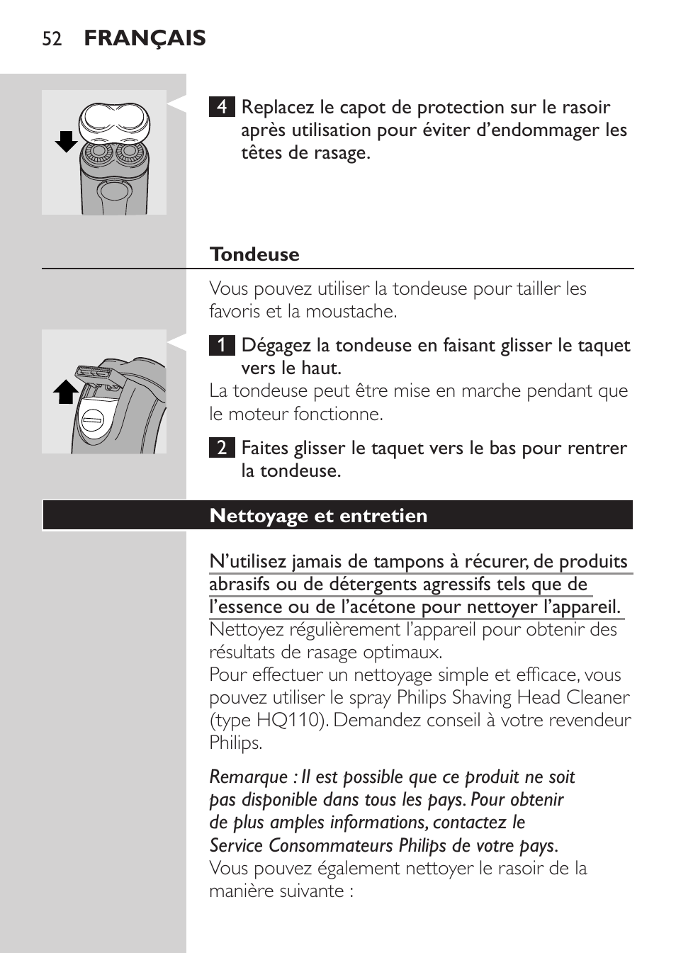 Tondeuse, Nettoyage et entretien | Philips Afeitadora 2 cab. User Manual | Page 50 / 104