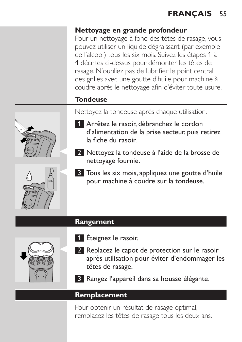 Nettoyage en grande profondeur, Tondeuse, Rangement | Remplacement | Philips Afeitadora 2 cab. User Manual | Page 53 / 104