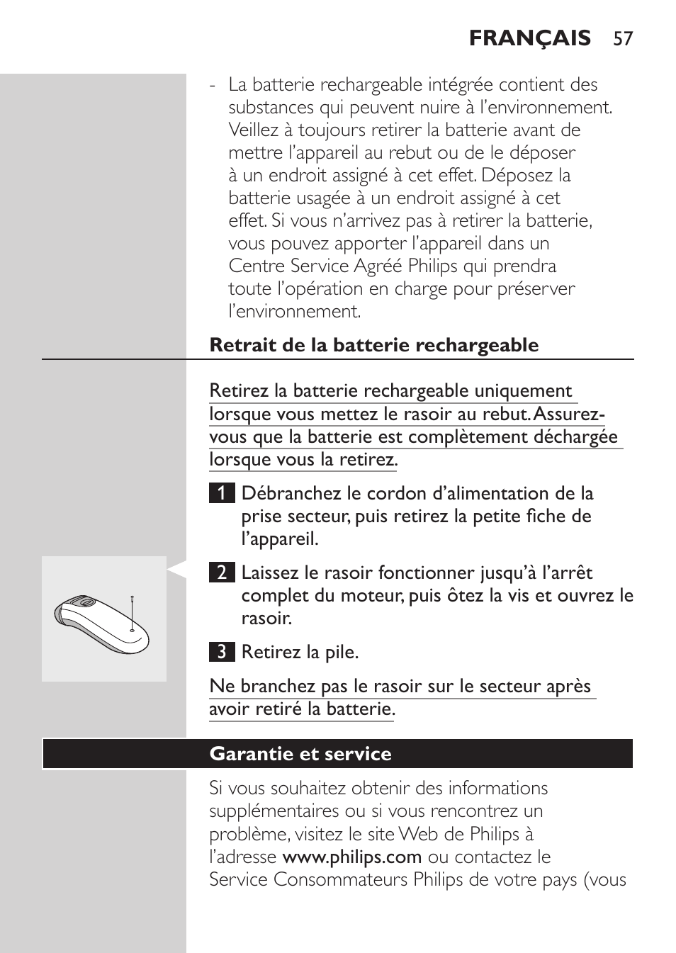 Retrait de la batterie rechargeable, Garantie et service | Philips Afeitadora 2 cab. User Manual | Page 55 / 104