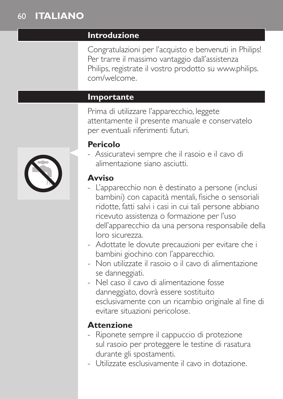 Pericolo, Avviso, Attenzione | Italiano, Introduzione, Importante | Philips Afeitadora 2 cab. User Manual | Page 58 / 104