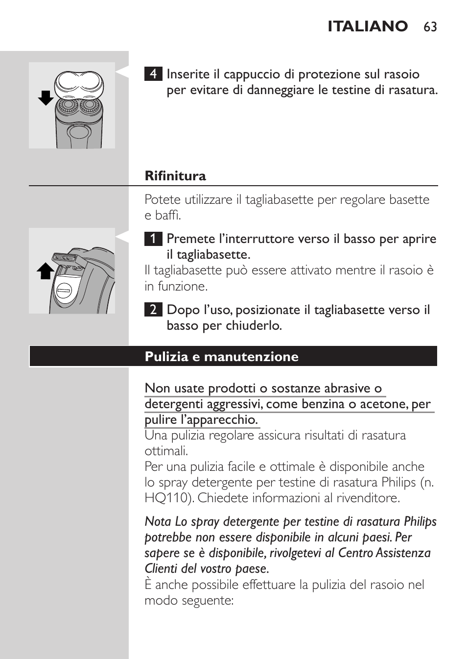 Rifinitura, Pulizia e manutenzione | Philips Afeitadora 2 cab. User Manual | Page 61 / 104