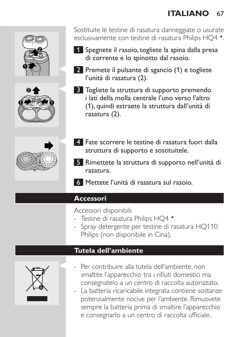 Accessori, Tutela dell’ambiente | Philips Afeitadora 2 cab. User Manual | Page 65 / 104