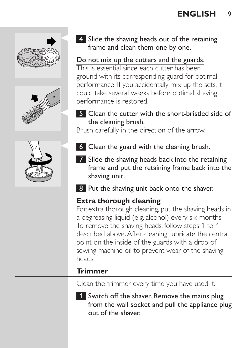 Extra thorough cleaning, Trimmer | Philips Afeitadora 2 cab. User Manual | Page 7 / 104