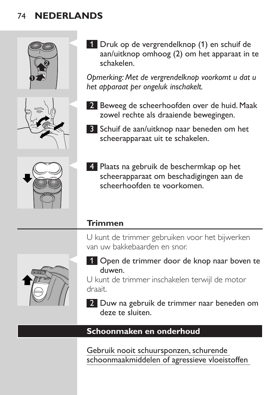 Trimmen, Schoonmaken en onderhoud | Philips Afeitadora 2 cab. User Manual | Page 72 / 104