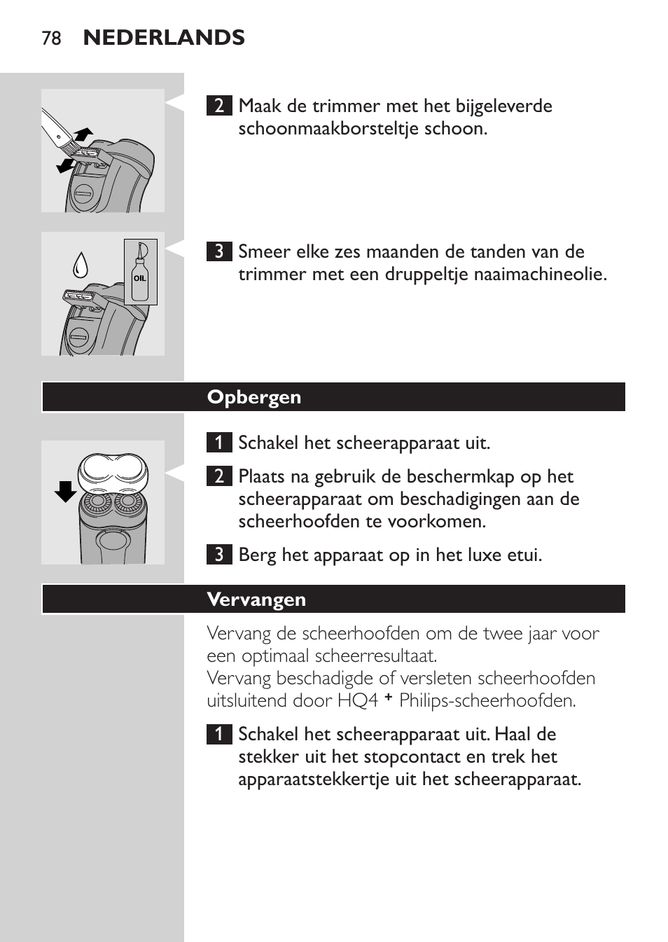 Opbergen, Vervangen | Philips Afeitadora 2 cab. User Manual | Page 76 / 104