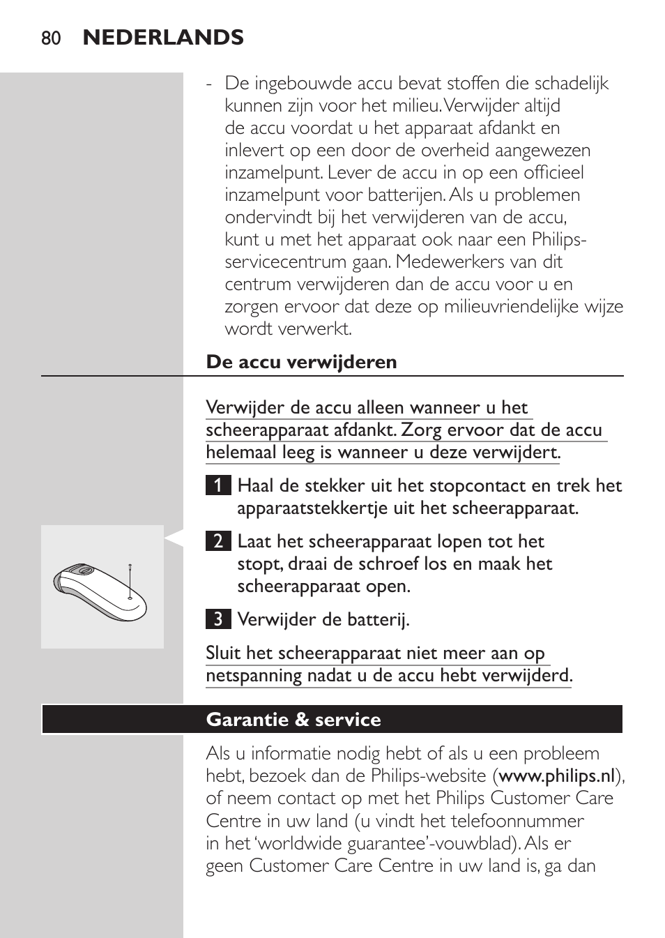 De accu verwijderen, Garantie & service | Philips Afeitadora 2 cab. User Manual | Page 78 / 104