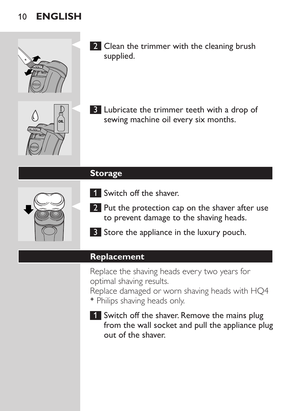 Storage, Replacement | Philips Afeitadora 2 cab. User Manual | Page 8 / 104