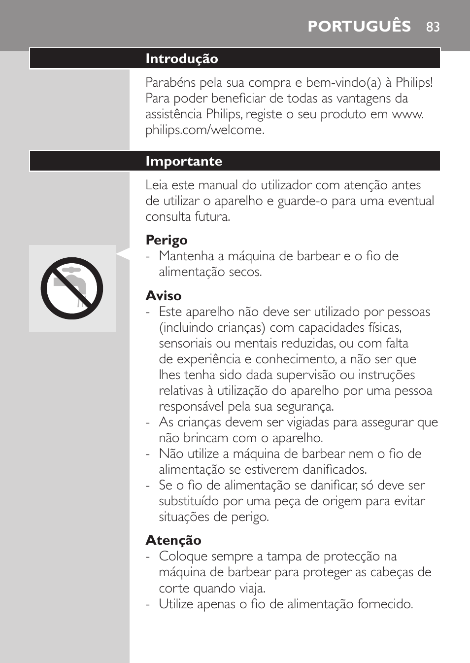 Perigo, Aviso, Atenção | Português, Introdução, Importante | Philips Afeitadora 2 cab. User Manual | Page 81 / 104