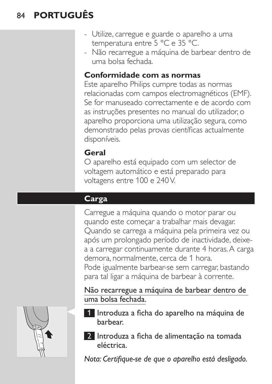 Conformidade com as normas, Geral, Carga | Philips Afeitadora 2 cab. User Manual | Page 82 / 104