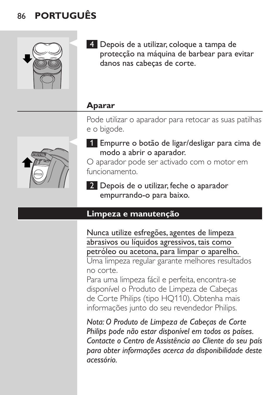 Aparar, Limpeza e manutenção | Philips Afeitadora 2 cab. User Manual | Page 84 / 104