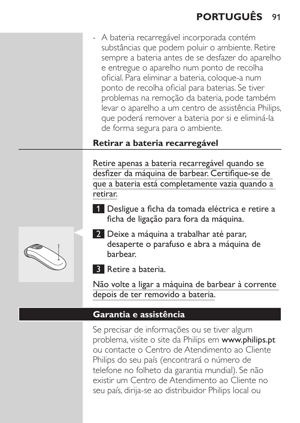 Retirar a bateria recarregável, Garantia e assistência | Philips Afeitadora 2 cab. User Manual | Page 89 / 104