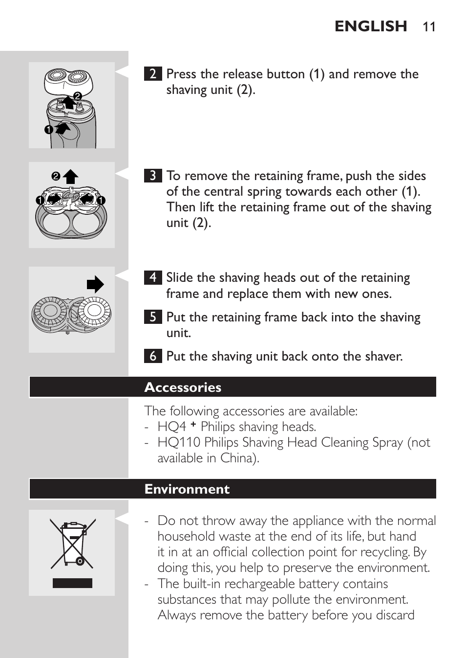 Accessories, Environment | Philips Afeitadora 2 cab. User Manual | Page 9 / 104