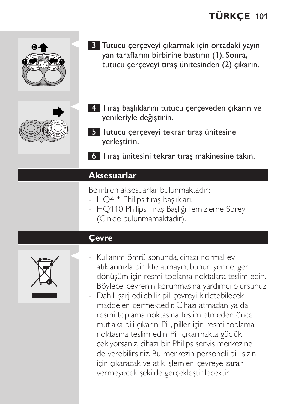 Aksesuarlar, Çevre | Philips Afeitadora 2 cab. User Manual | Page 99 / 104