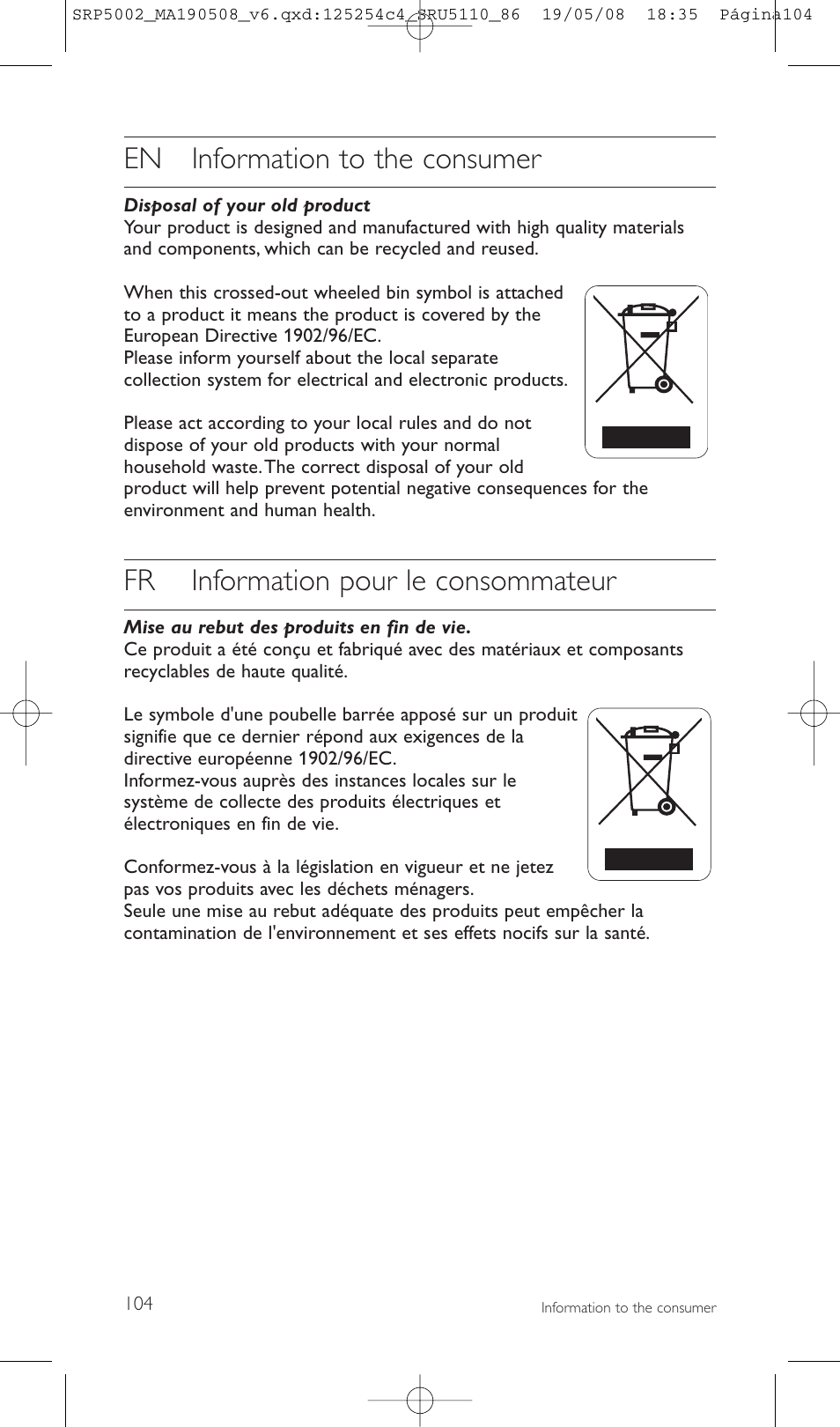 En information to the consumer, Fr information pour le consommateur | Philips Perfect replacement Mando a distancia universal User Manual | Page 104 / 108