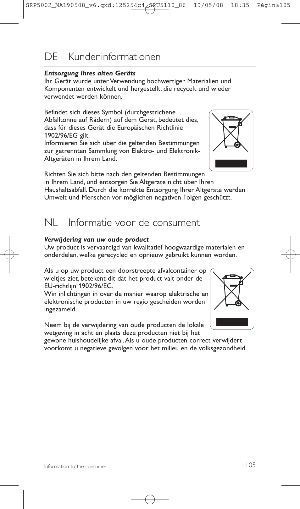 De kundeninformationen, Nl informatie voor de consument | Philips Perfect replacement Mando a distancia universal User Manual | Page 105 / 108