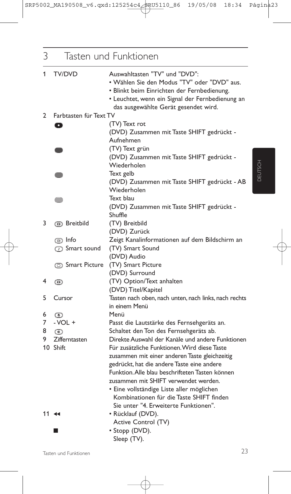 3tasten und funktionen | Philips Perfect replacement Mando a distancia universal User Manual | Page 23 / 108