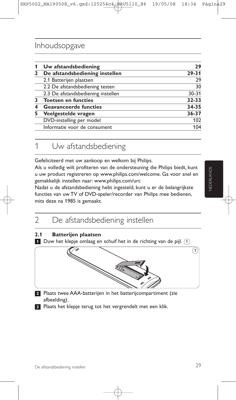 Inhoudsopgave, 1uw afstandsbediening, 2de afstandsbediening instellen | Philips Perfect replacement Mando a distancia universal User Manual | Page 29 / 108