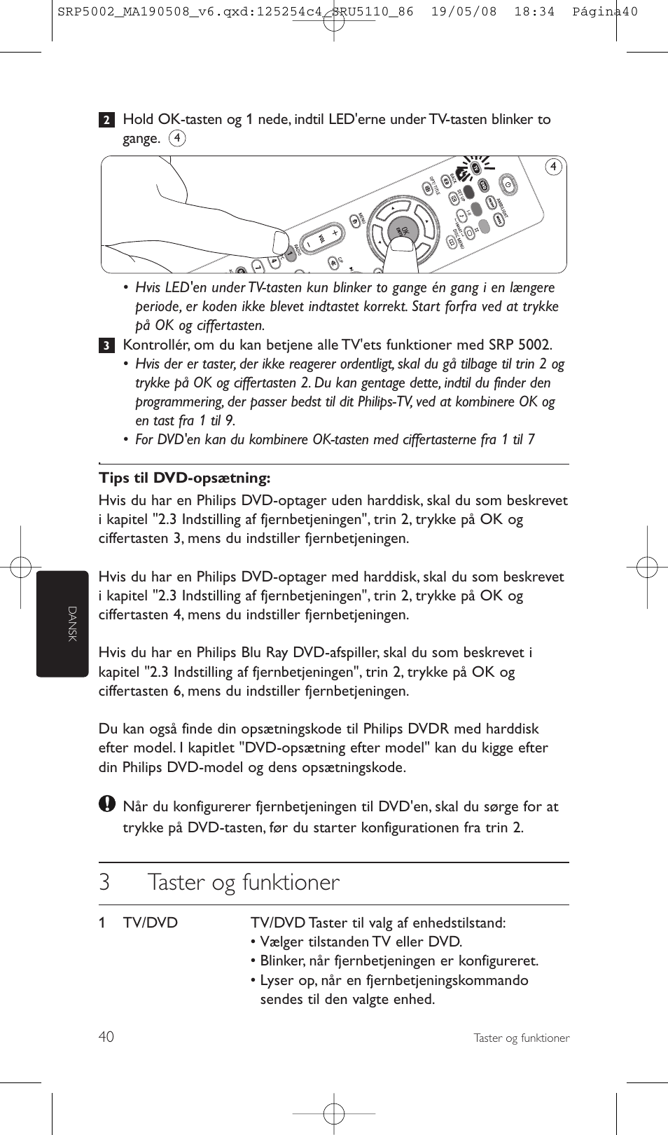 3taster og funktioner | Philips Perfect replacement Mando a distancia universal User Manual | Page 40 / 108