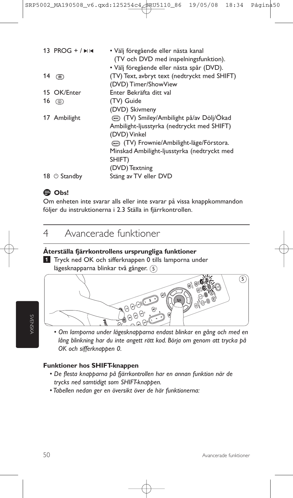 4avancerade funktioner | Philips Perfect replacement Mando a distancia universal User Manual | Page 50 / 108