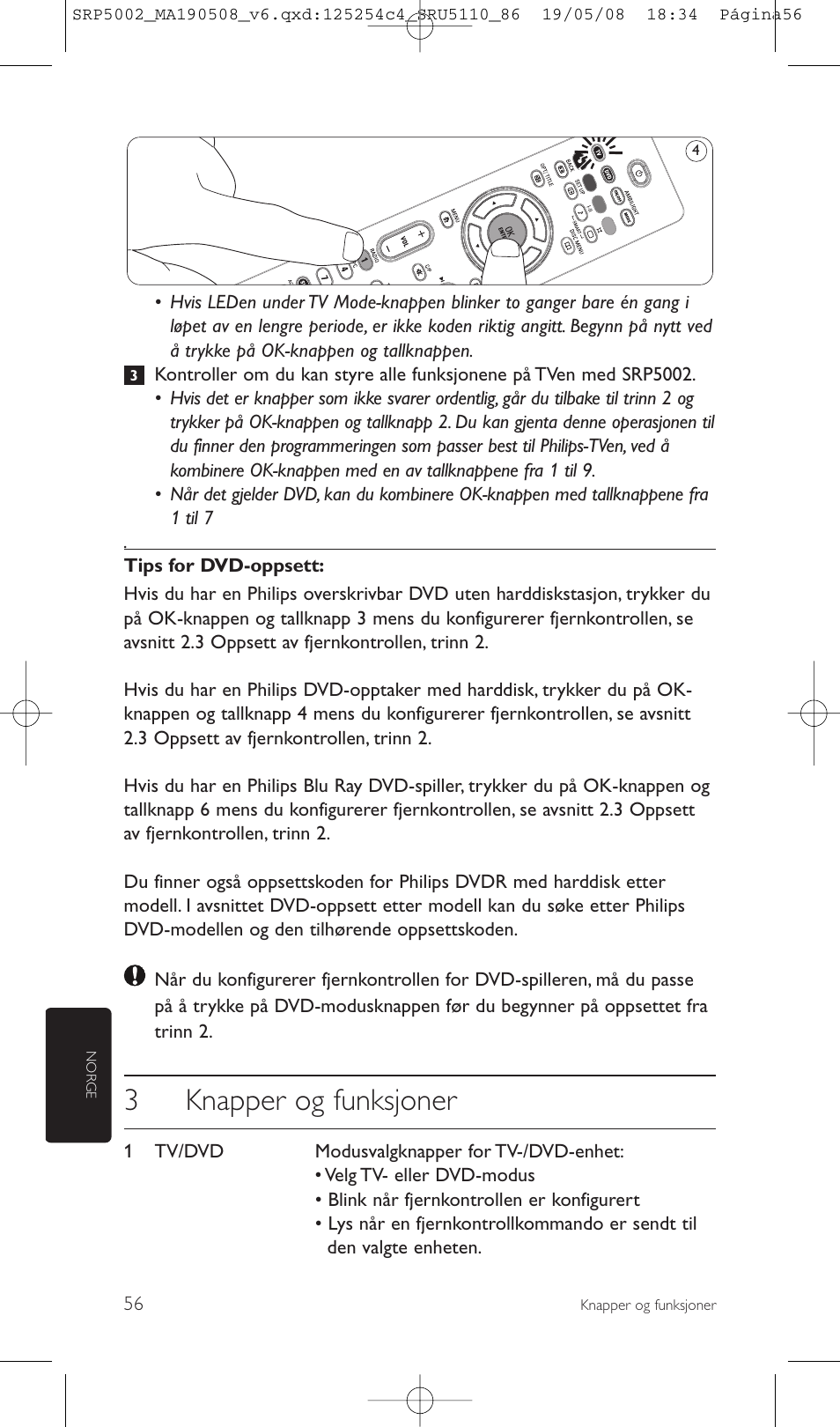 3knapper og funksjoner | Philips Perfect replacement Mando a distancia universal User Manual | Page 56 / 108