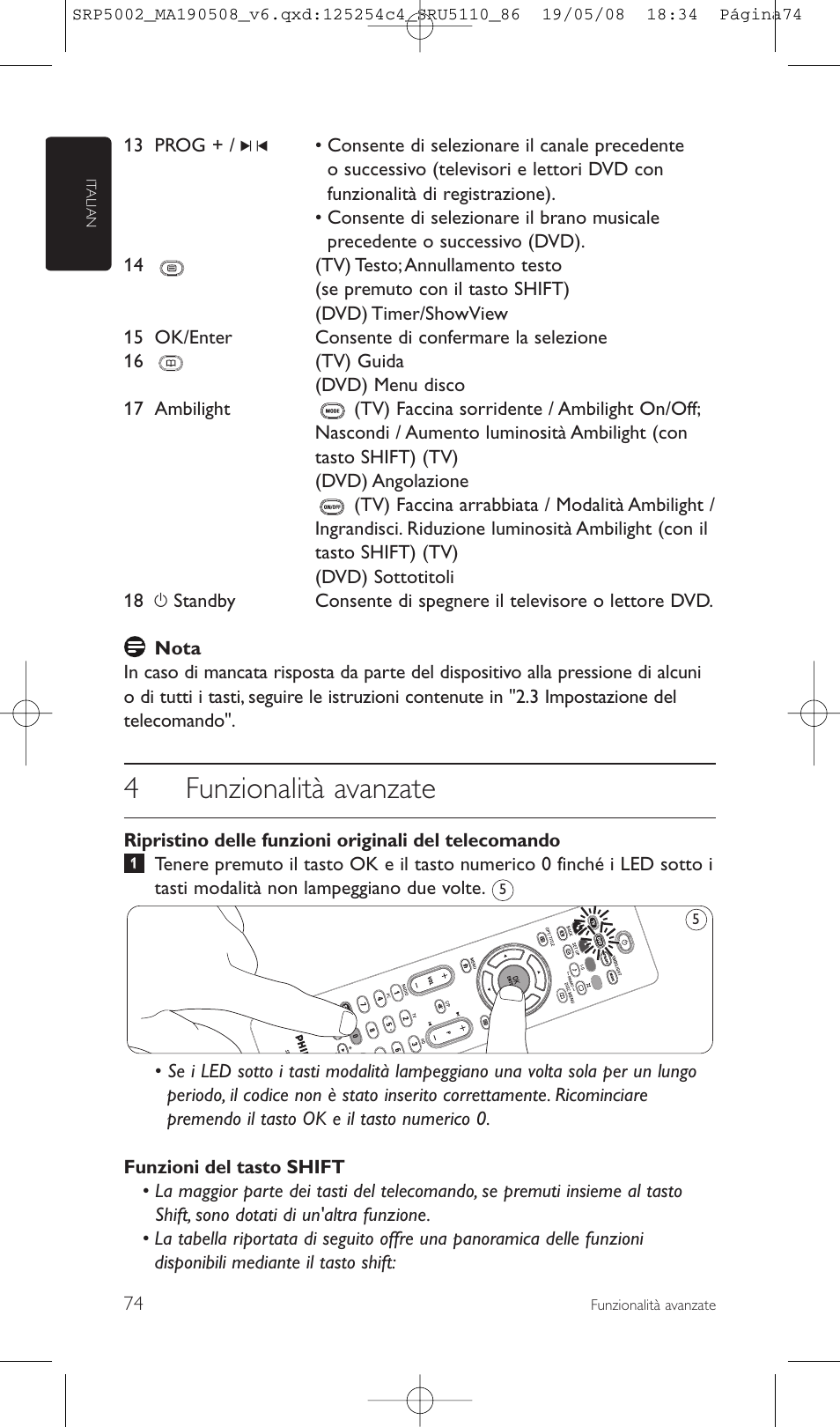 4funzionalità avanzate | Philips Perfect replacement Mando a distancia universal User Manual | Page 74 / 108