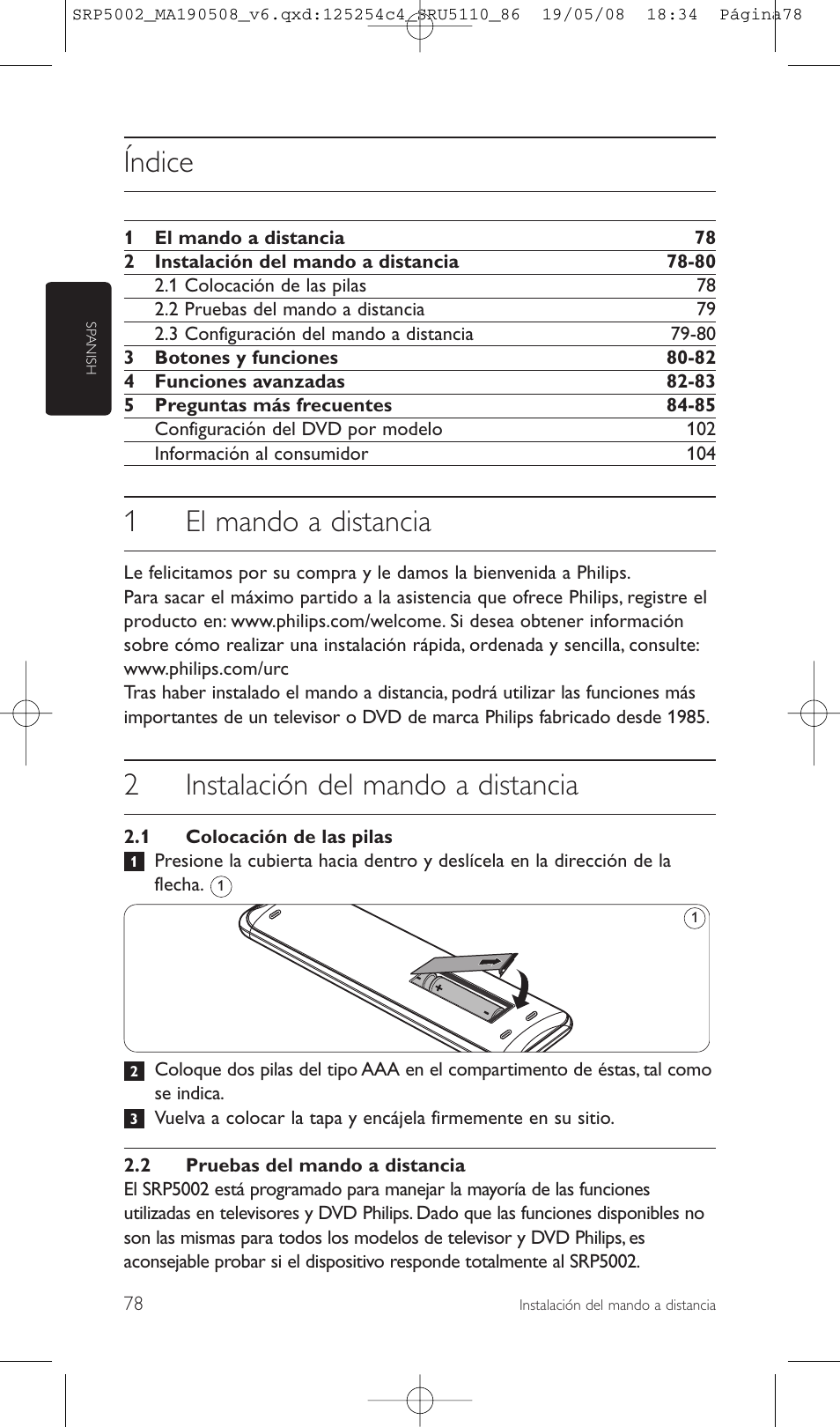 Índice, 1el mando a distancia, 2instalación del mando a distancia | Philips Perfect replacement Mando a distancia universal User Manual | Page 78 / 108