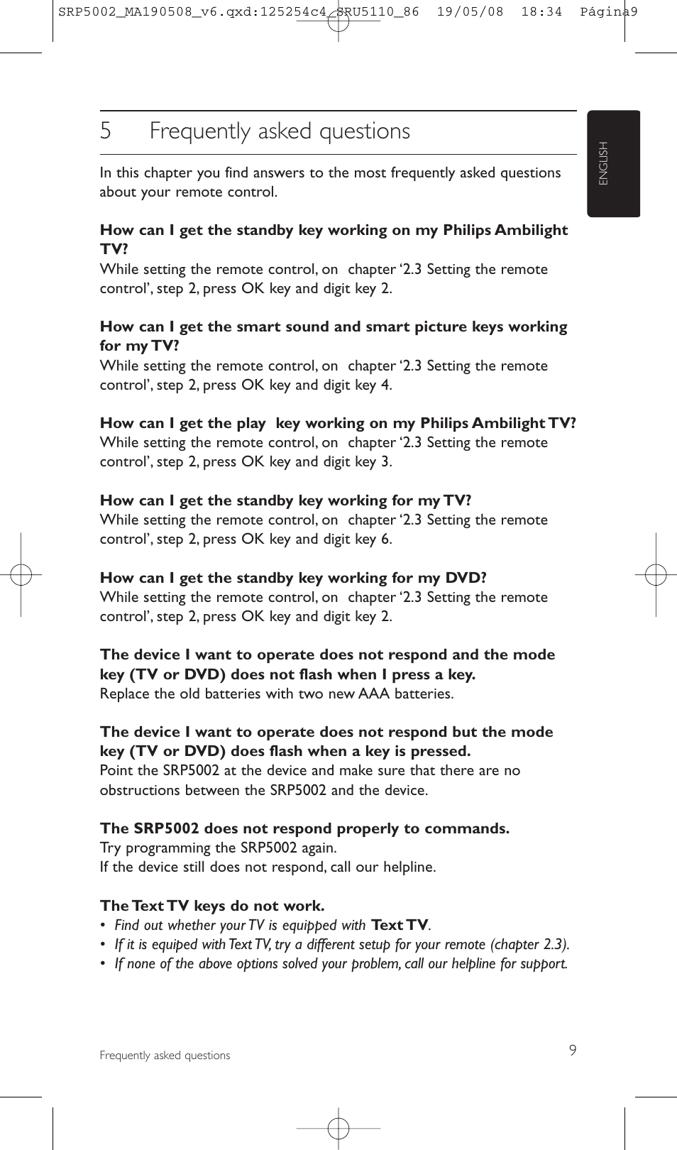 5frequently asked questions | Philips Perfect replacement Mando a distancia universal User Manual | Page 9 / 108