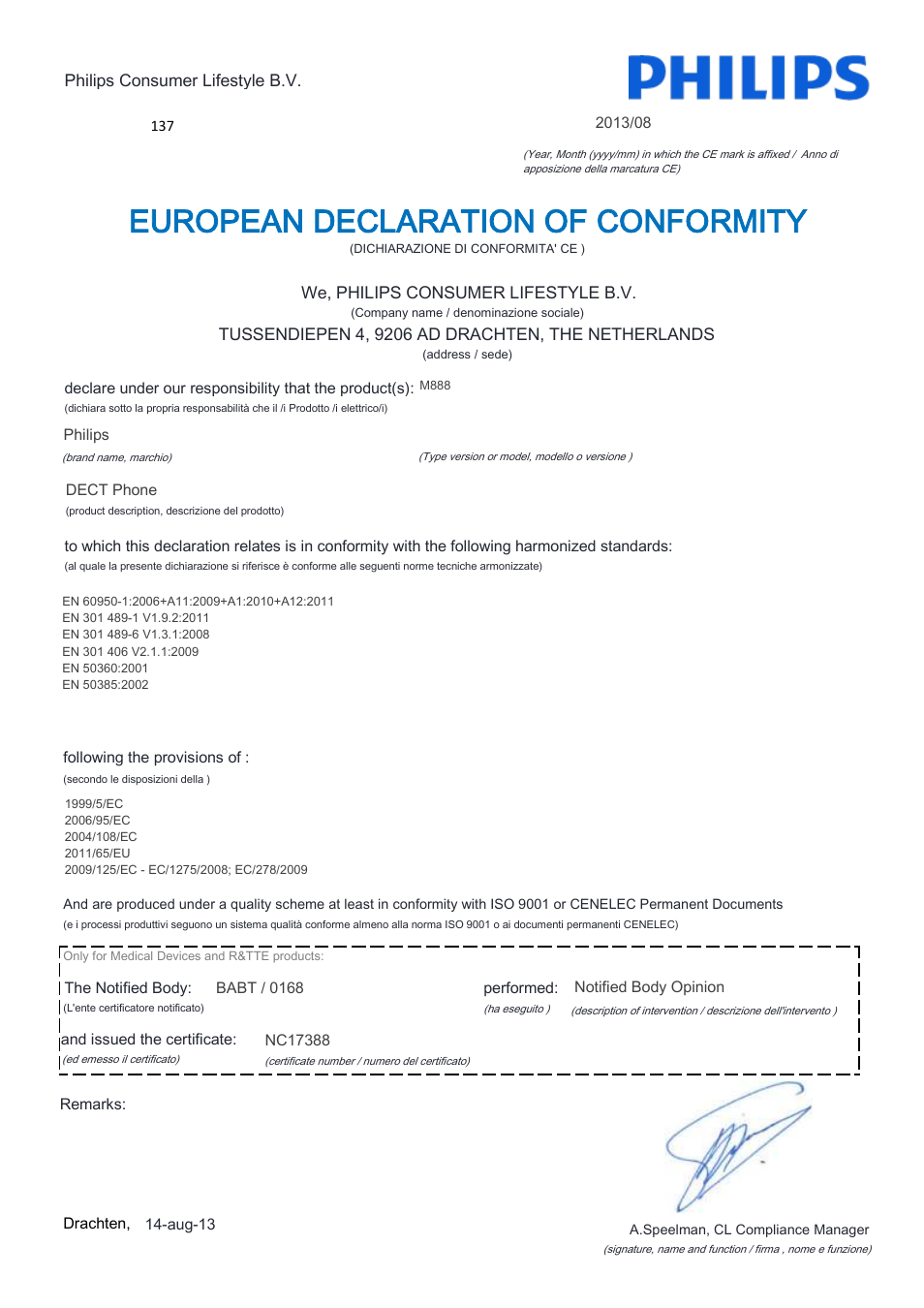 European declaration of conformity | Philips M888 User Manual | Page 10 / 22