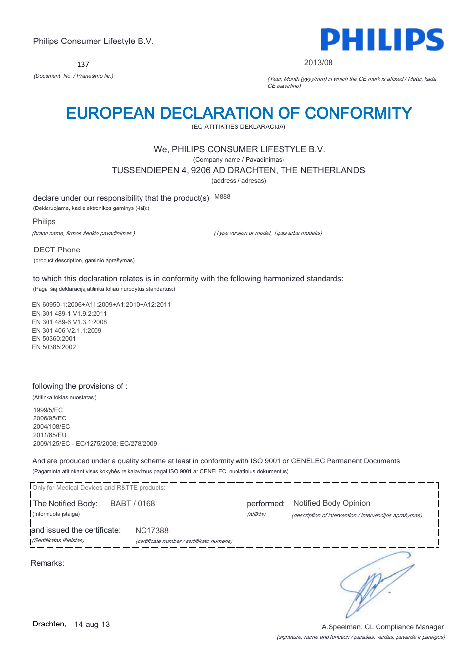 European declaration of conformity | Philips M888 User Manual | Page 11 / 22