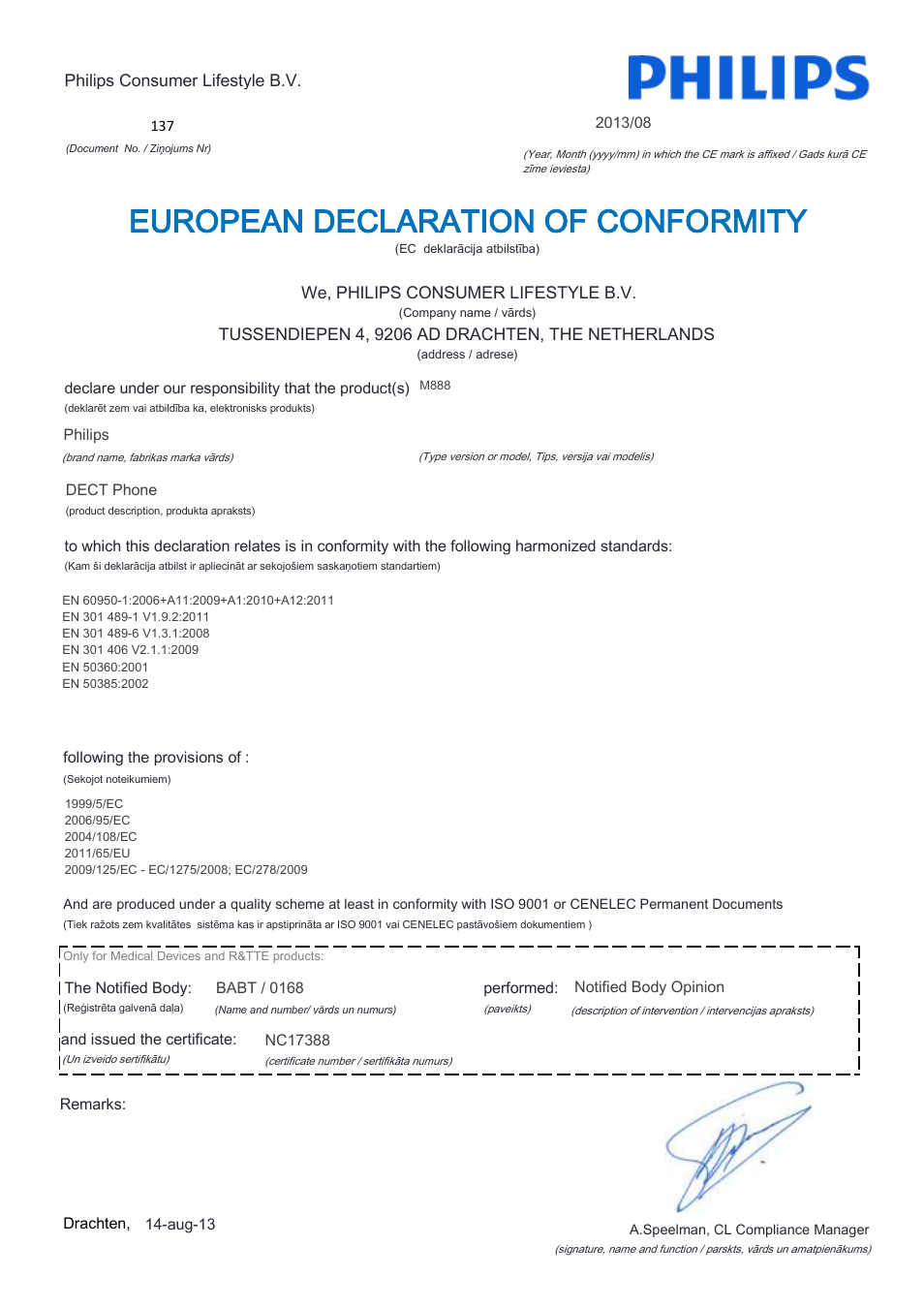 European declaration of conformity | Philips M888 User Manual | Page 12 / 22