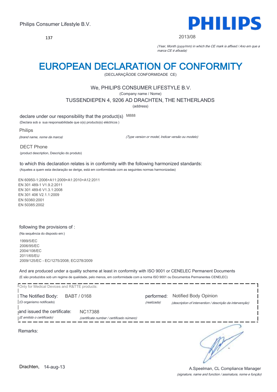 European declaration of conformity | Philips M888 User Manual | Page 14 / 22