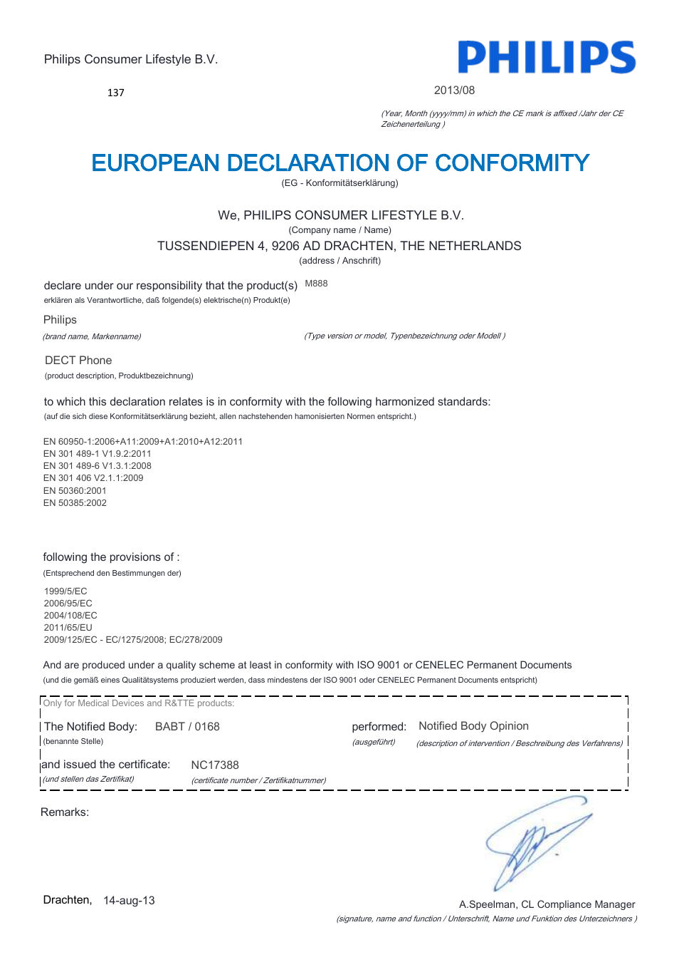 European declaration of conformity | Philips M888 User Manual | Page 2 / 22