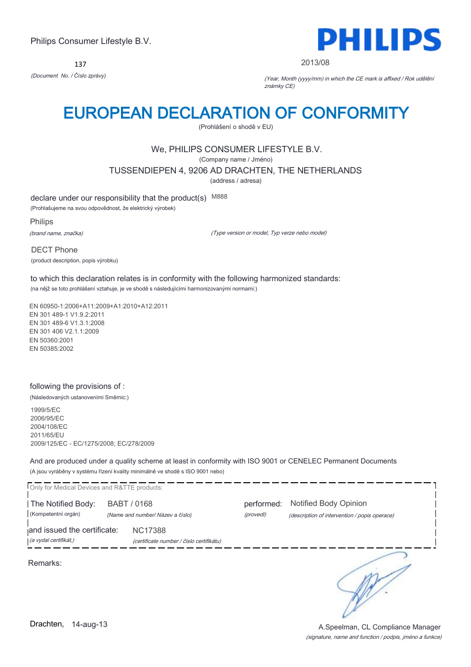 European declaration of conformity | Philips M888 User Manual | Page 5 / 22