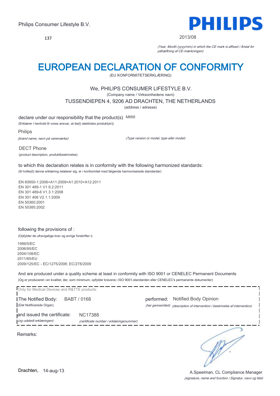 European declaration of conformity | Philips M888 User Manual | Page 6 / 22