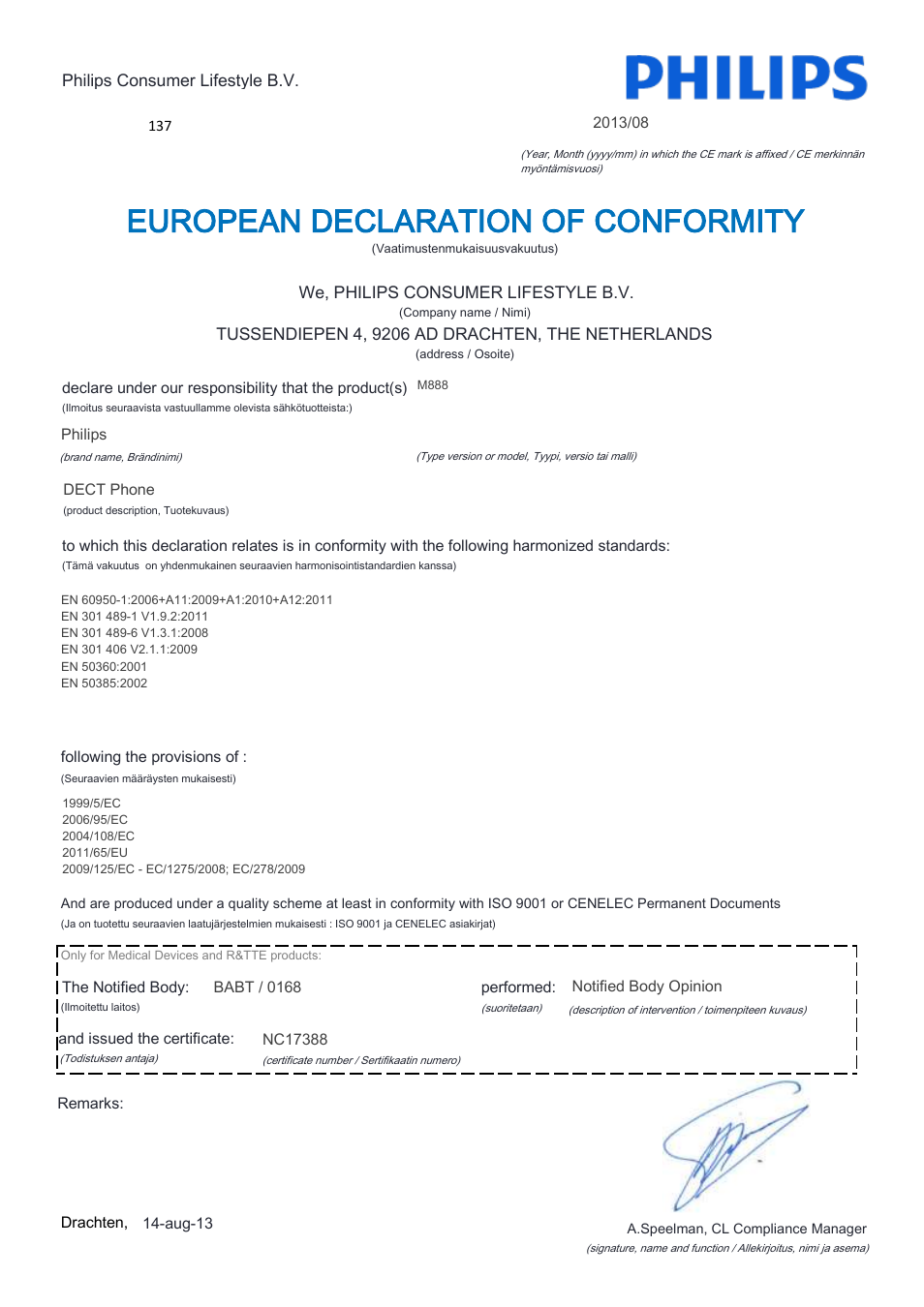 European declaration of conformity | Philips M888 User Manual | Page 8 / 22