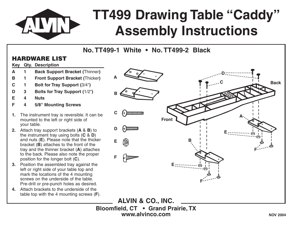 Alvin Drawing Table Caddy TT499 User Manual | 1 page