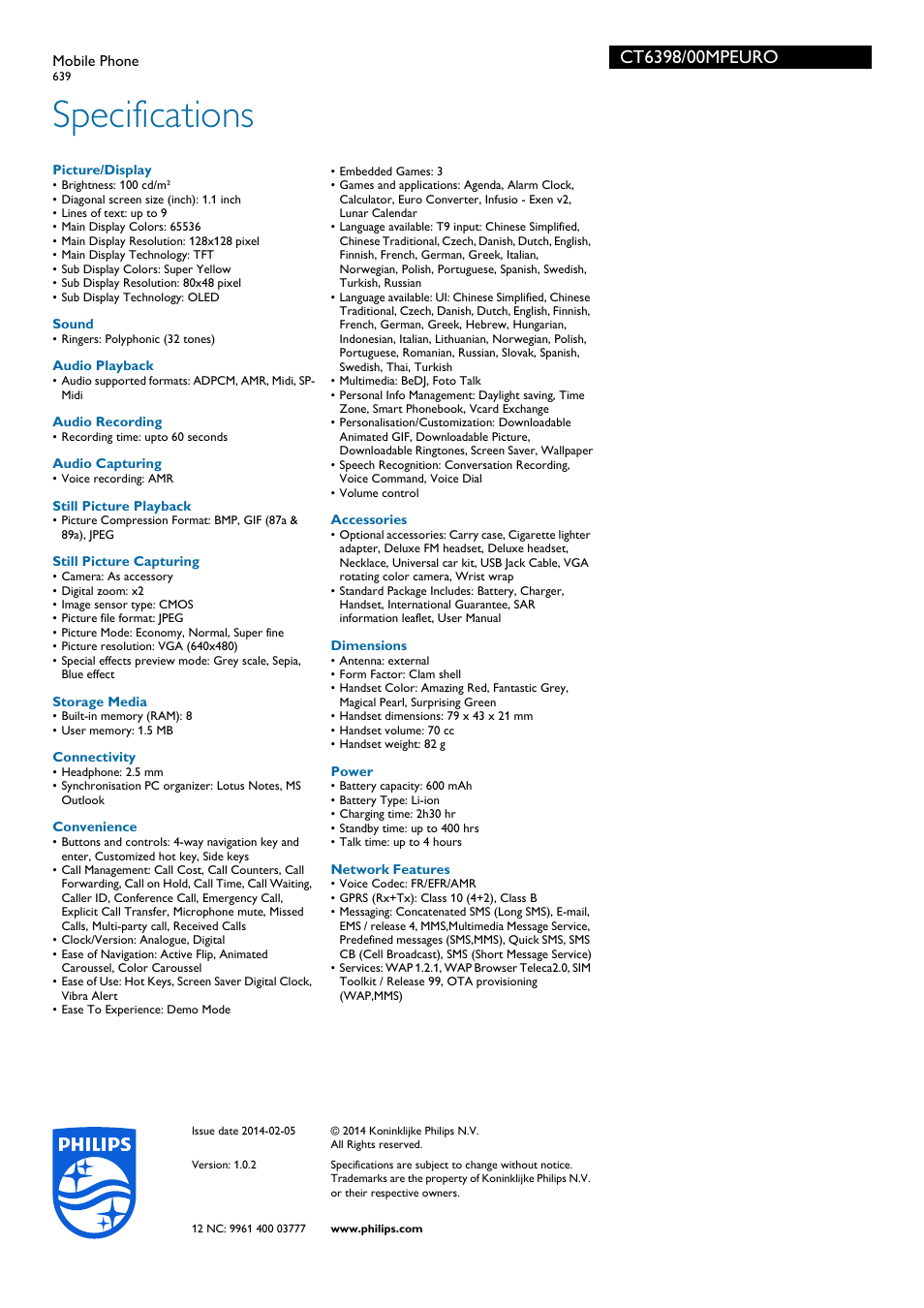 Specifications | Philips 639 User Manual | Page 3 / 3