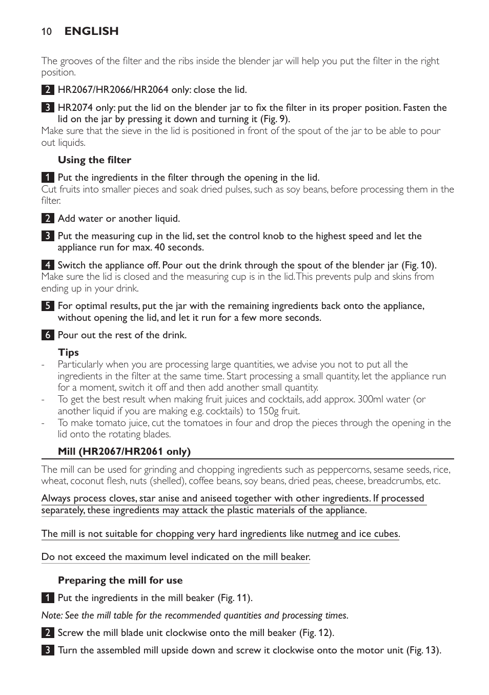 Using the filter, Tips, Mill (hr2067/hr2061 only) | Preparing the mill for use | Philips Batidora User Manual | Page 10 / 120