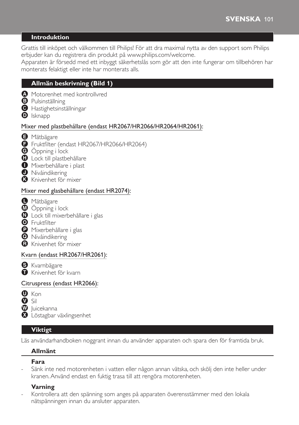 Svenska, Introduktion, Allmän beskrivning (bild 1) | Viktigt, Allmänt, Fara, Varning | Philips Batidora User Manual | Page 101 / 120