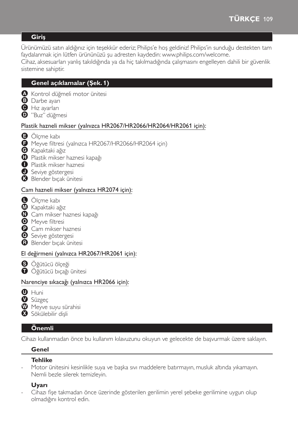 Türkçe, Giriş, Genel açıklamalar (şek. 1) | Önemli, Genel, Tehlike, Uyarı | Philips Batidora User Manual | Page 109 / 120