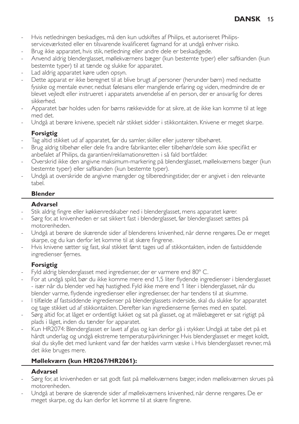 Forsigtig, Blender, Advarsel | Møllekværn (kun hr2067/hr2061) | Philips Batidora User Manual | Page 15 / 120