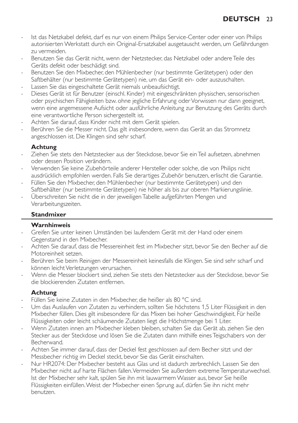 Achtung, Standmixer, Warnhinweis | Philips Batidora User Manual | Page 23 / 120