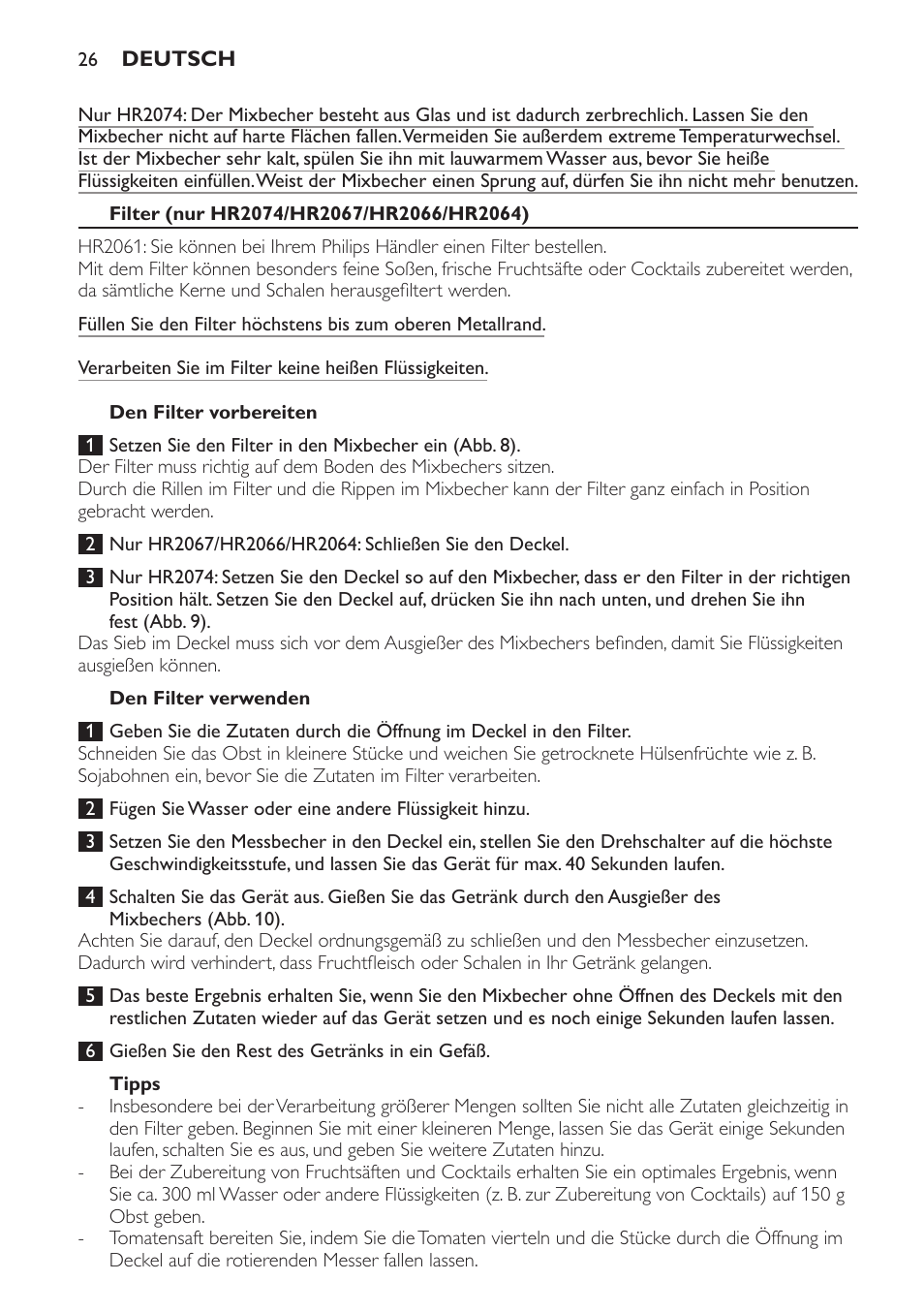 Filter (nur hr2074/hr2067/hr2066/hr2064), Den filter vorbereiten, Den filter verwenden | Tipps | Philips Batidora User Manual | Page 26 / 120