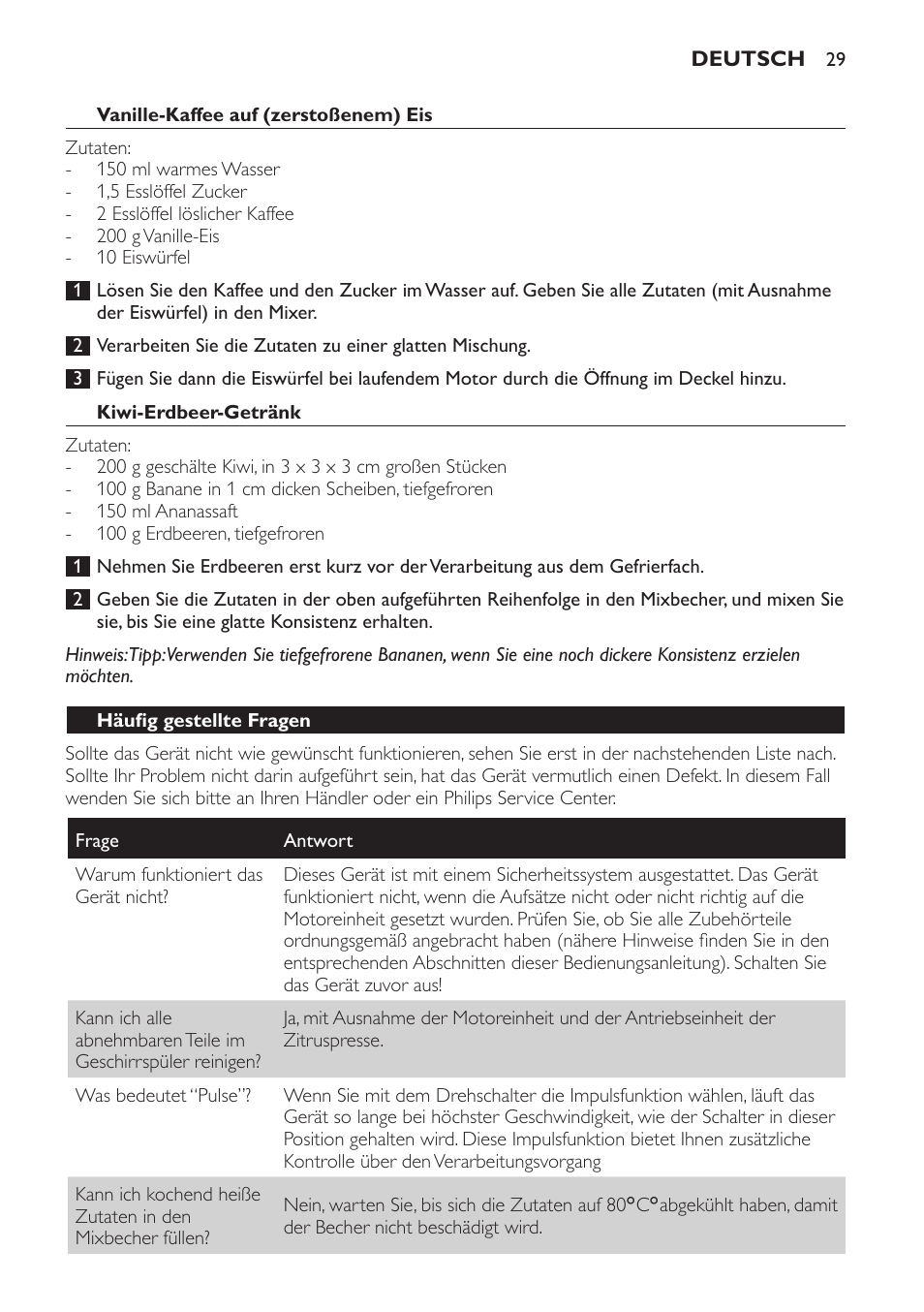 Vanille-kaffee auf (zerstoßenem) eis, Kiwi-erdbeer-getränk, Häufig gestellte fragen | Philips Batidora User Manual | Page 29 / 120