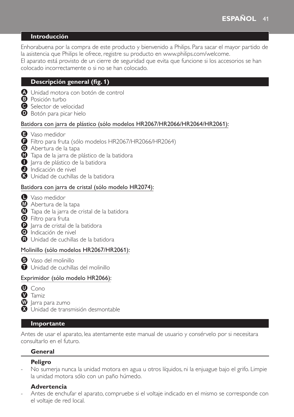 Español, Introducción, Descripción general (fig. 1) | Importante, General, Peligro, Advertencia | Philips Batidora User Manual | Page 41 / 120